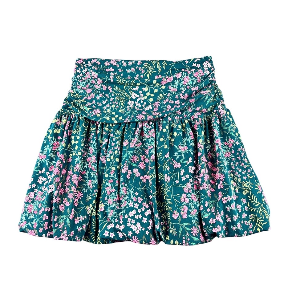 LOFT Floral Print Gathered Waist Mini Skirt Green Pink‎ Size S